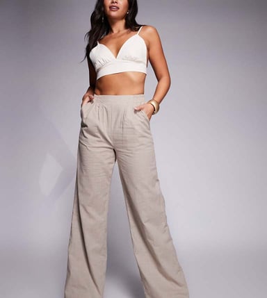 Kaiia exclusive tailored linen wide leg trousers with elasticated waist co-ord in coffee