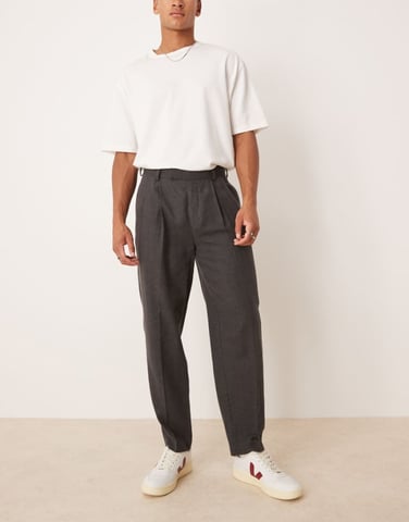 ASOS DESIGN tailored oversized tapered trousers with double pleats in charcoal basket weave