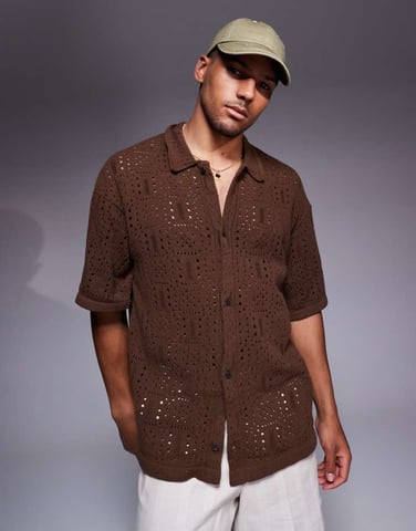 ADPT knitted crochet shirt in dark red