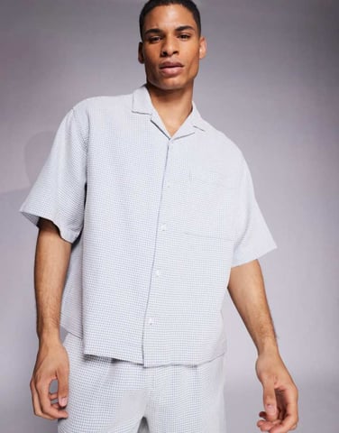 ASOS DESIGN co-ord waffle regular revere shirt in blue and white