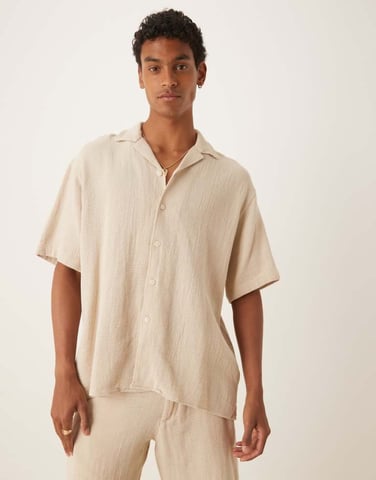 Selected 100% cotton co-ord textured shirt in cream