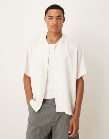 Selected revere collar shirt in cream herringbone pattern texture