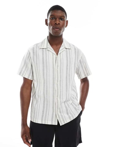 Jack & Jones Premium linen mix stripe shirt in white