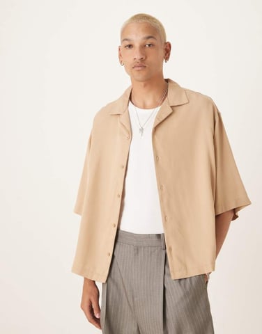 ASOS DESIGN premium oversized revere boxy shirt in beige