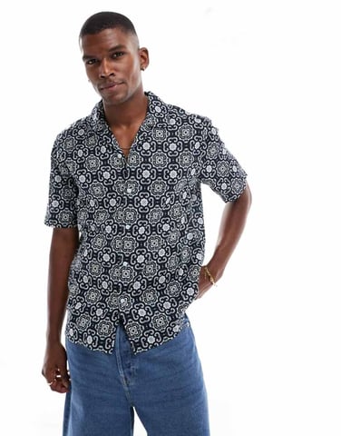 ONLY & SONS revere collar shirt with tile paisley print in navy
