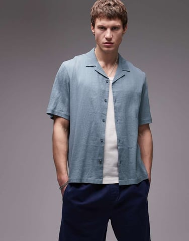 Topman short sleeve crinkle shirt in mid blue