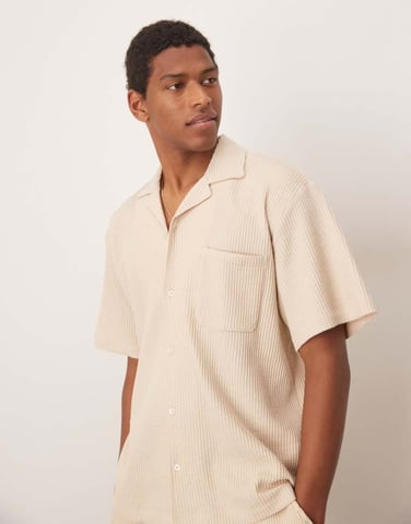 Selected co-ord revere collar waffle shirt in cream