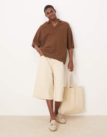 ASOS DESIGN boxy oversized overhead crochet shirt in brown