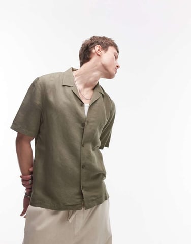 Topman regular fit short sleeve linen blend shirt in khaki