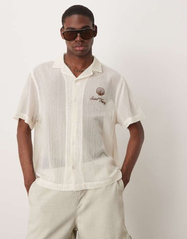 ASOS DESIGN boxy sheer textured shirt with chest embroidery in ecru