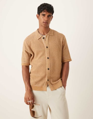 Selected crochet shirt in tan