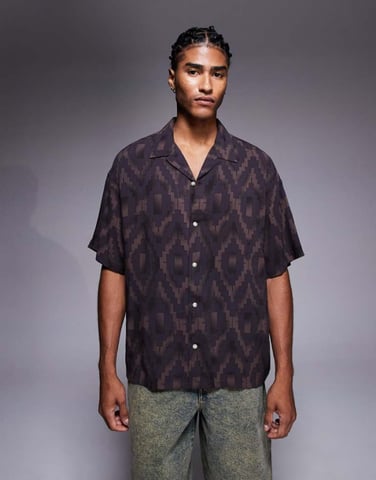 ADPT oversized shirt in geometric print in brown