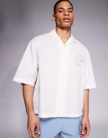 ASOS DESIGN oversized revere shirt in cream with placement print