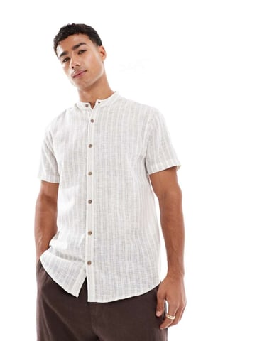 Threadbare short sleeve grandad collar shirt in stone and ecru stripe