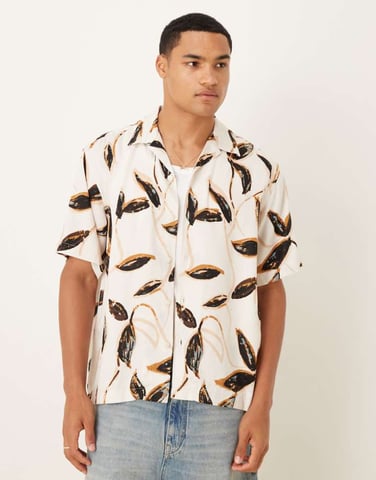 Selected revere collar shirt in cream brown leaf print