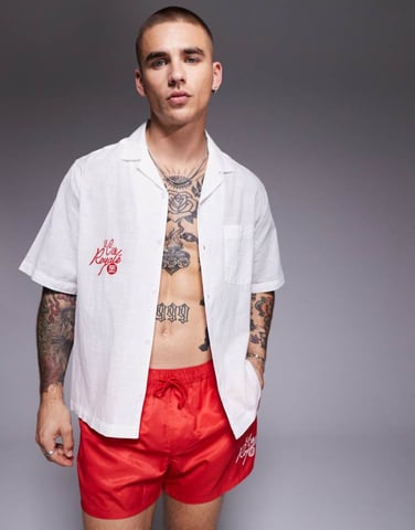 ASOS DESIGN co-ord linen look revere shirt with red chest embroidery