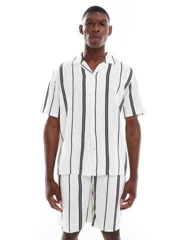 ONLY & SONS linen look shirt co-ord in mono stripe