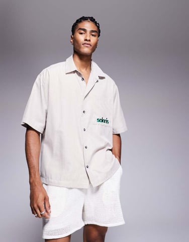 ASOS DESIGN boxy oversized check shirt with chest embroidery in beige