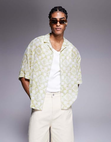 ASOS DESIGN boxy oversized textured shirt with tile print in sage green