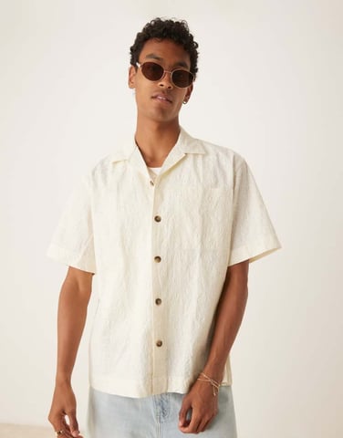 Selected 100% cotton textured pattern shirt in cream