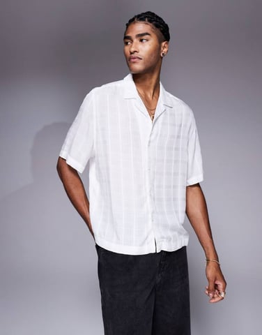 ASOS DESIGN boxy revere sheer shirt with check in white
