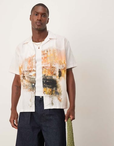 Selected revere collar shirt with copenhagen art print