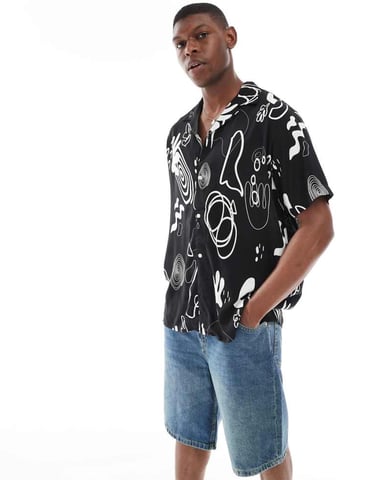 Jack & Jones oversize shirt with multi print in black