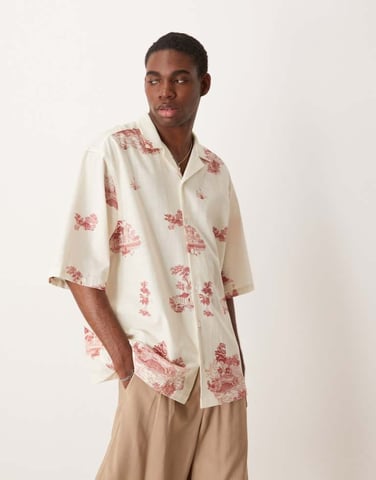 ASOS DESIGN oversized revere shirt with scenic print in beige