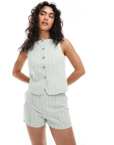 Miss Selfridge co-ord tailored high waist shorts in green pinstripe