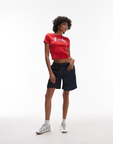 Topshop denim pull on shorts in indigo rinse