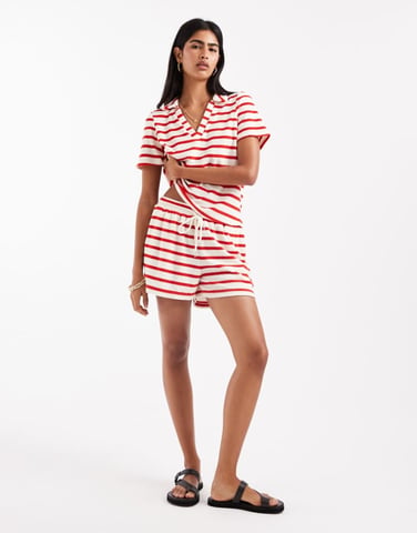 Vero Moda towelling shorts co-ord in red stripe