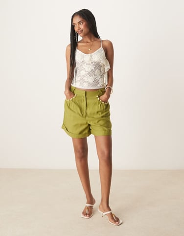 ASOS DESIGN tailored linen look a-line shorts with pearl detail in olive