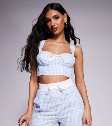 Kaiia exclusive cotton rich boxer waistband bow detail shorts co-ord in blue gingham seersucker