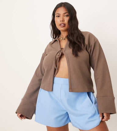 ASOS DESIGN Curve tailored linen look pull on boxer shorts in light blue