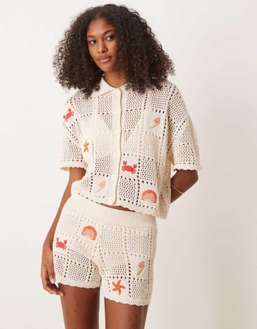 ASOS DESIGN co-ord knitted shorts with sea life embroidery in cream