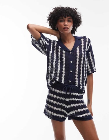 Topshop knitted stitchy stripe co-ord short in blue and ivory