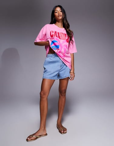 Missyempire denim elasticated paperbag high waist shorts in light blue
