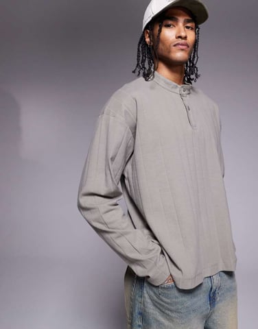 ASOS DESIGN oversized boxy long sleeve t-shirt in khaki textured rib