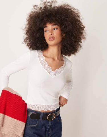 Gina Tricot long sleeve lace v neck top in off white