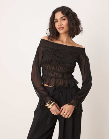 ASOS DESIGN bardot shirred long sleeve top in black
