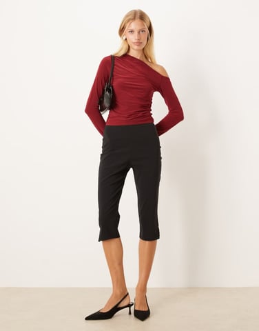 ASOS DESIGN slinky one shoulder long sleeve top in burgundy