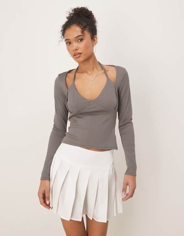 ASOS DESIGN rib halter neck long sleeve top in grey