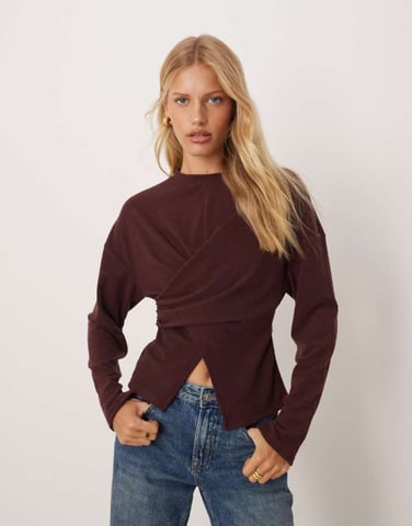 ASOS DESIGN textured wrap detail long sleeve in burgundy