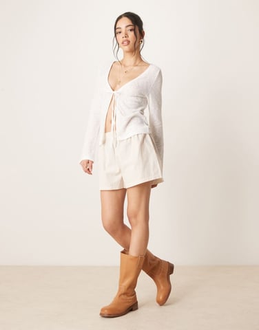 ASOS DESIGN knit look tie front long sleeve top in cream