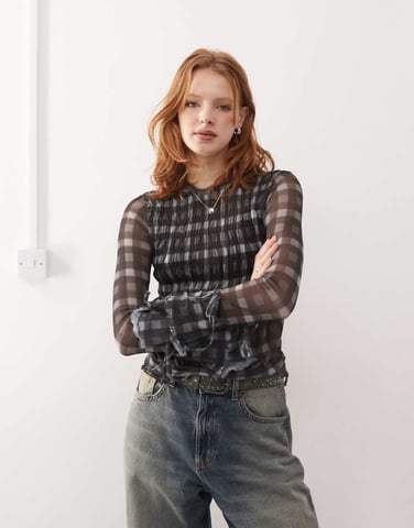COLLUSION ruched detail blur check mesh long sleeve top