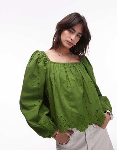 Topshop cutwork long sleeve top in green