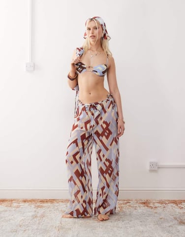 Reclaimed Vintage pull on sheer beach trouser in geo print