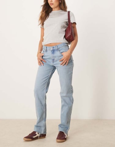 Abercrombie & Fitch ultra high rise raw hem ankle straight jeans in medium wash
