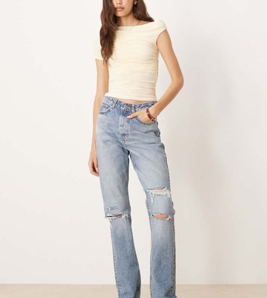 ASOS DESIGN Tall mid rise straight jeans in lightwash with rips Circular Design Collection