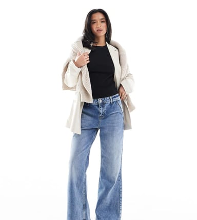 Miss Selfridge Petite flare wide leg jean in mid blue